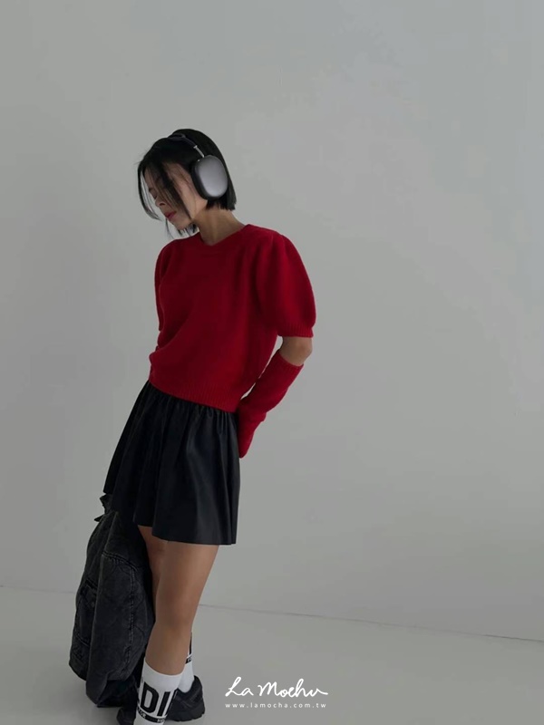 抓摺綁帶皮革短褲裙
